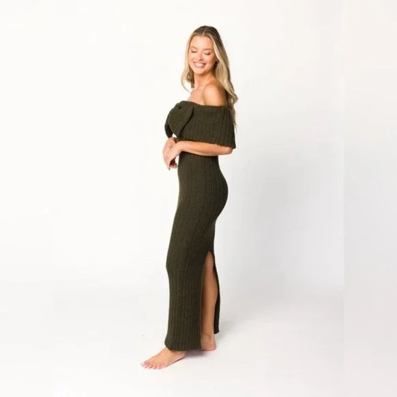 Strapless Ribbed knit Maxi Dress in Dark Olive Aston Worth Collective Label Sz S - Picture 3 of 4